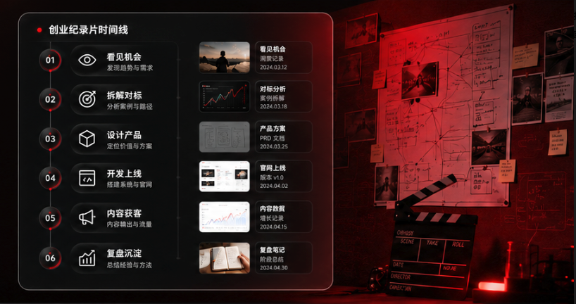 创业记录时间线：看见机会、拆解对标、设计产品、开发上线、内容获客、复盘沉淀
